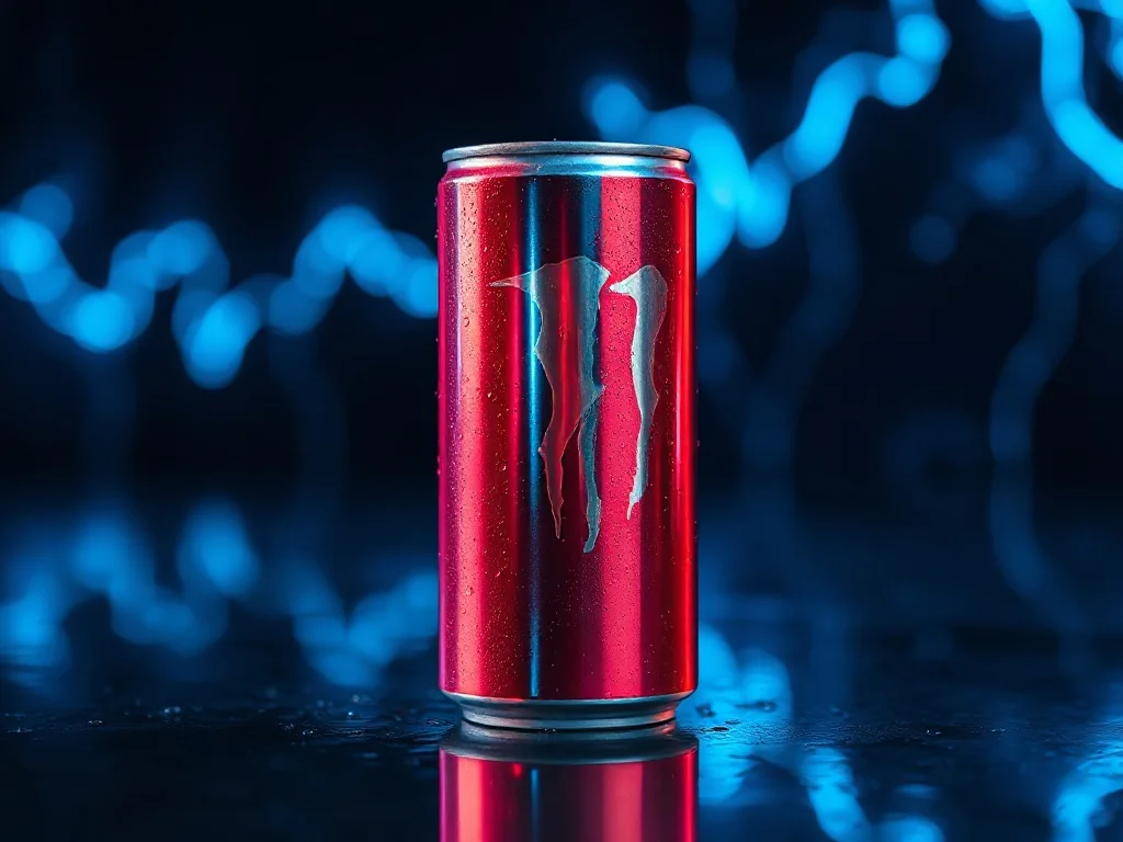 Metalowa puszka napoju energetycznego na ciemnym tle z dynamicznymi, neonowymi wyładowaniami elektrycznymi.