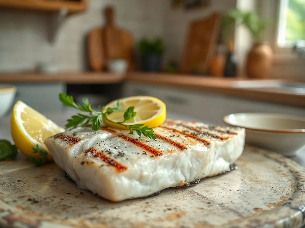 Świeżo grillowany filet z morszczuka na ceramicznym talerzu, udekorowany ziołami i cytryną.