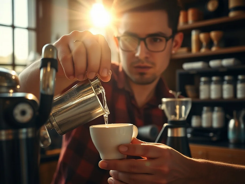 Barista wlewa czystą wodę do ceramicznej filiżanki obok kolby ekspresu, podkreślając rolę wody w parzeniu espresso.