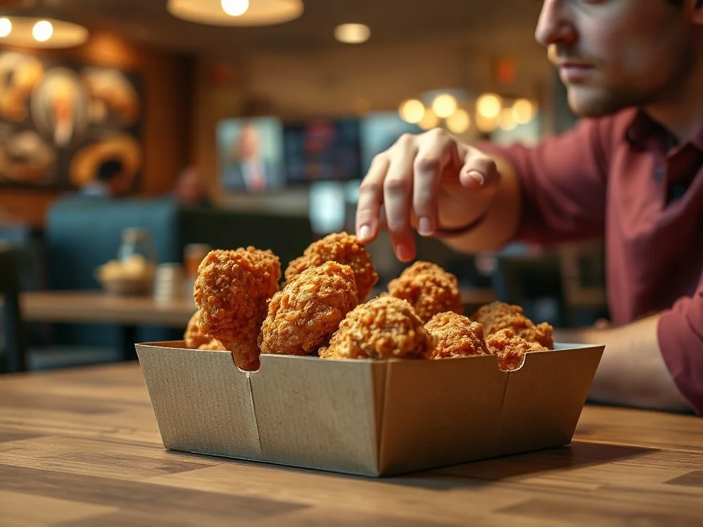 Otwarty zestaw Chicken Box z chrupiącymi kawałkami kurczaka na drewnianym stole w restauracji McDonald's.