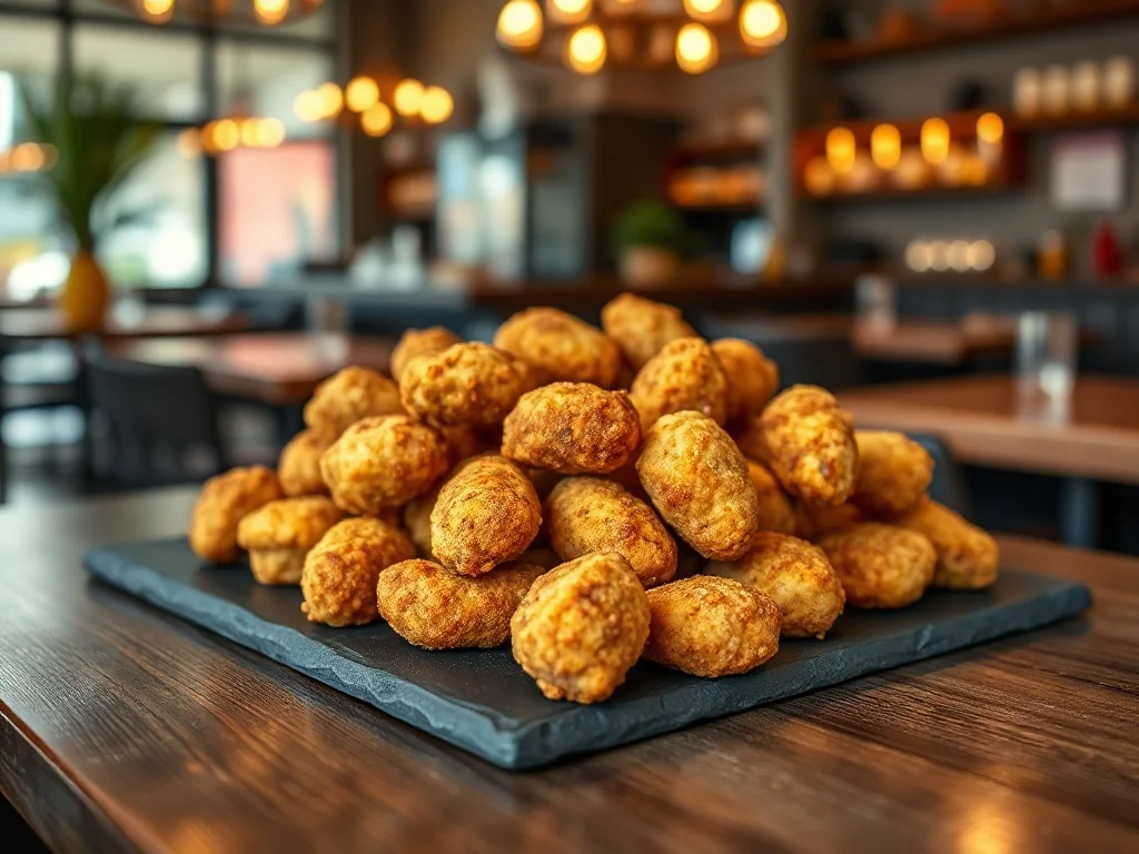 Porcja dwudziestu chrupiących nuggetsów z kurczaka podana na eleganckim, ciemnym talerzu w restauracyjnym wnętrzu.
