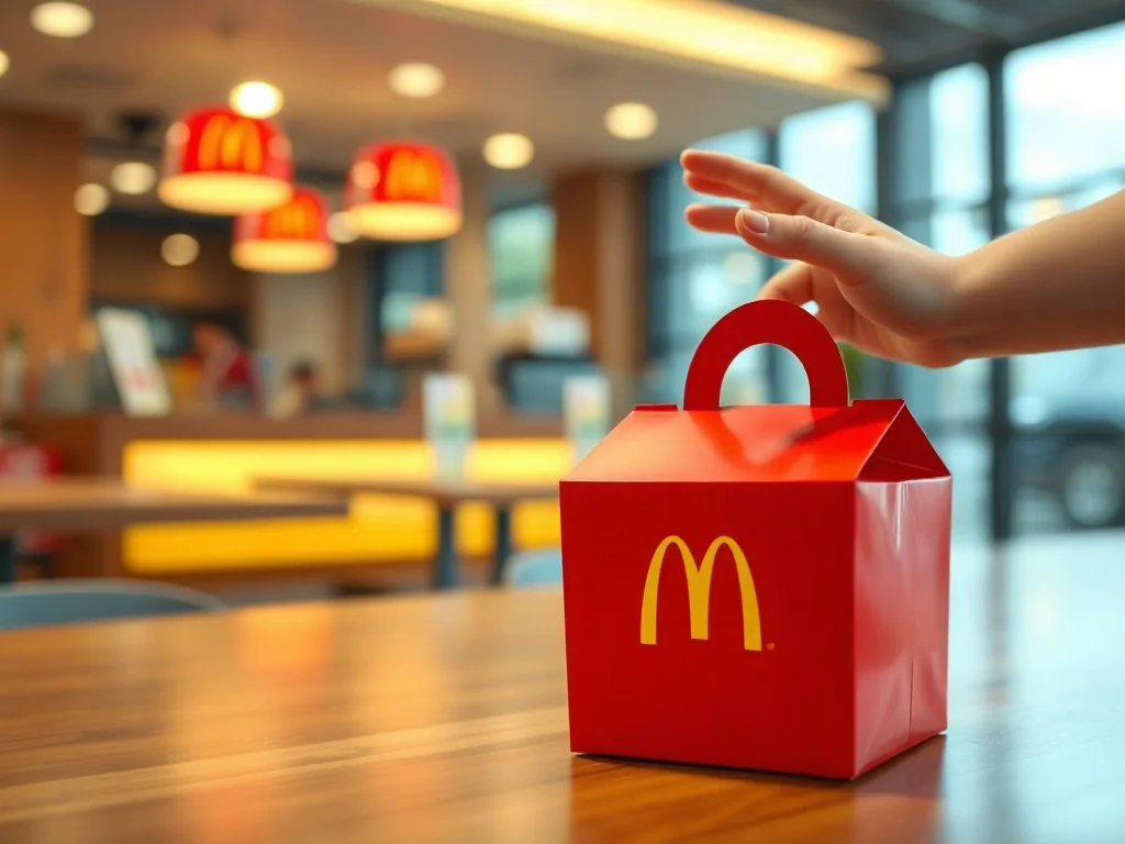 Czerwone pudełko zestawu Happy Meal na drewnianym stole, po które sięga dziecko w restauracji McDonald's.